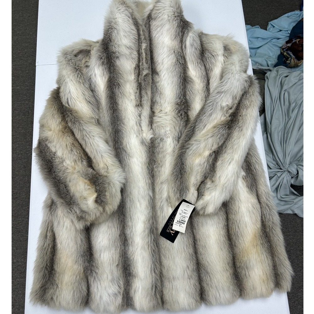 Monterey Fashions Faux Fur Jacket Womens Large Grey New Striped Made in USA